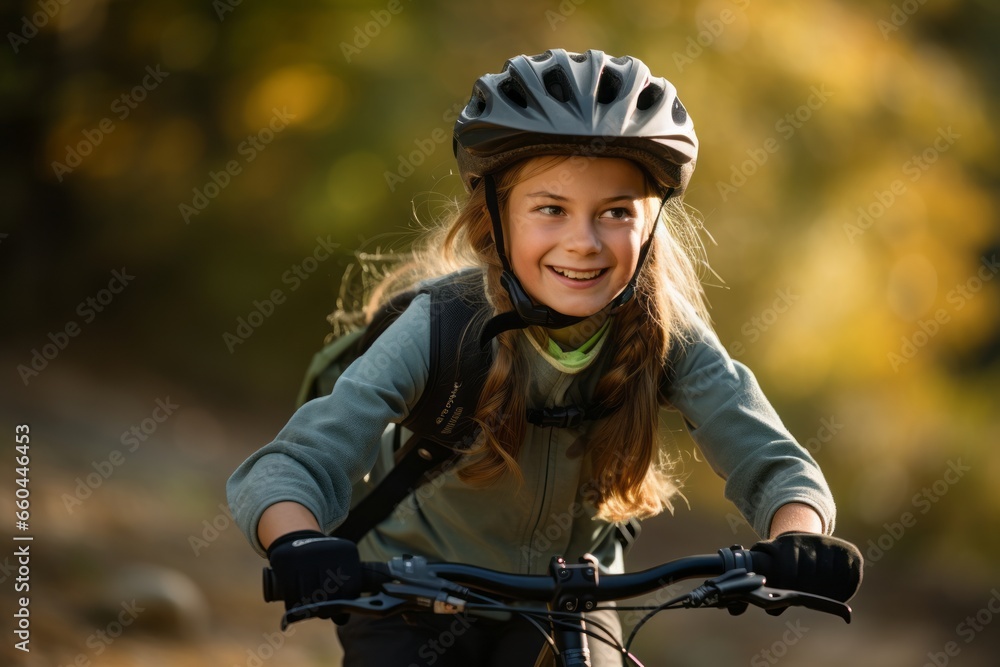 Close-up portrait photography of a relaxed kid female practicing mountain biking. With generative AI technology Close-up portrait photography of a relaxed kid female practicing mountain biking. With generative AI technology
