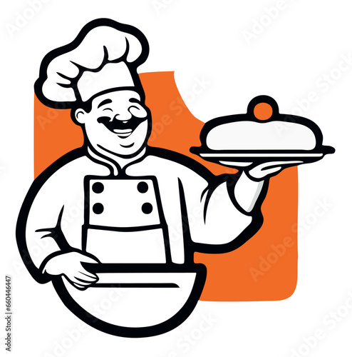 Vector logo of a cheerful chef proudly displaying a delicious meal on a tray