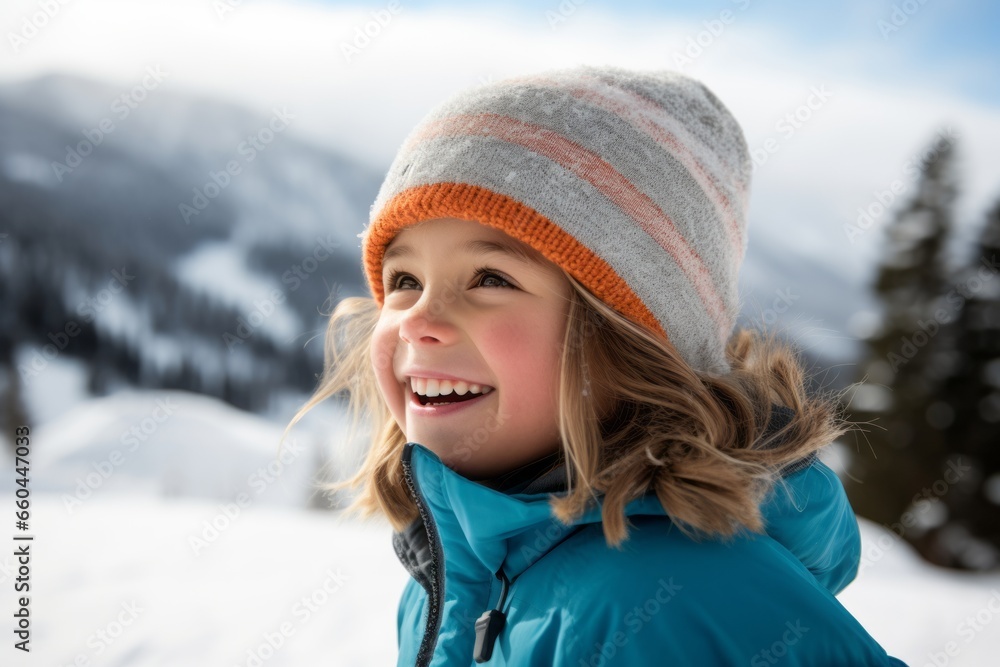 Close-up portrait photography of a satisfied kid female snowboarding on a mountain. With generative AI technology Close-up portrait photography of a satisfied kid female snowboarding on a mountain. With generative AI technology