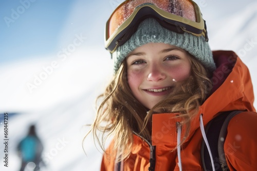 Close-up portrait photography of a satisfied kid female snowboarding on a mountain. With generative AI technology