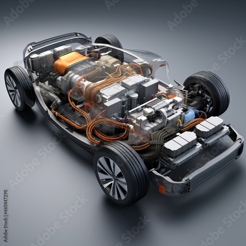 Realistic images of various components of an electric car