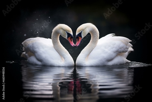Two swans forming heart shape in water, beaks touching. Generative AI