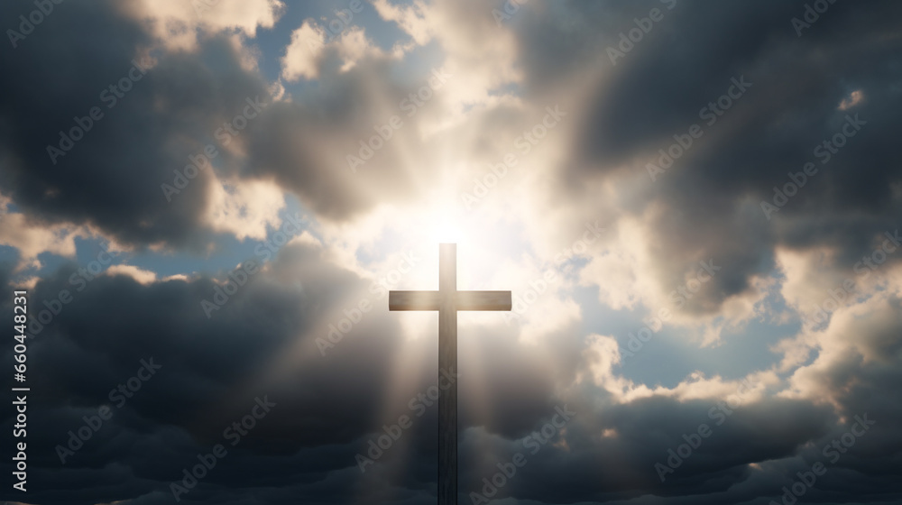 illustration of cross with sky and sun light in background.  Created with Generative AI