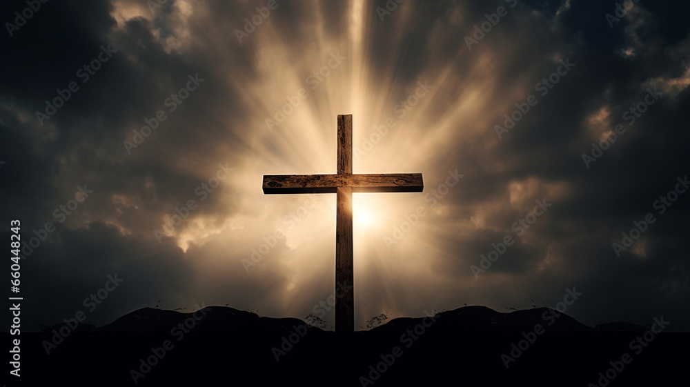 illustration of cross with sky and sun light in background. Created with Generative AI illustration of cross with sky and sun light in background. Created with Generative AI
