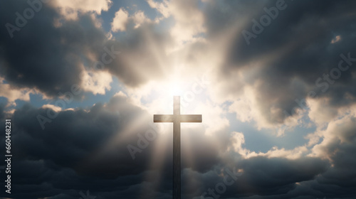 illustration of cross with sky and sun light in background.  Created with Generative AI © agrus_aiart
