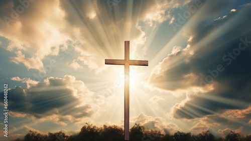 illustration of cross with sky and sun light in background. Created with Generative AI