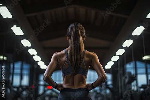 Back view of a young Scandinavian woman in gym. Beautiful young female athlete bodybuilder, resting after the cross-fit workout.