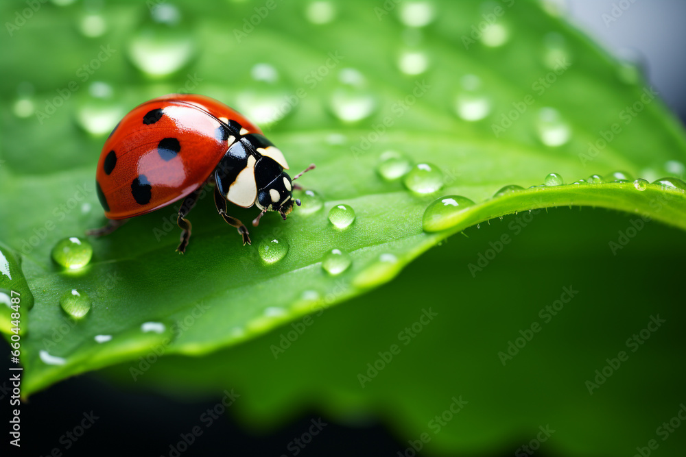 Fototapeta premium illustration of ladybug on a green leaf. Created with Generative AI