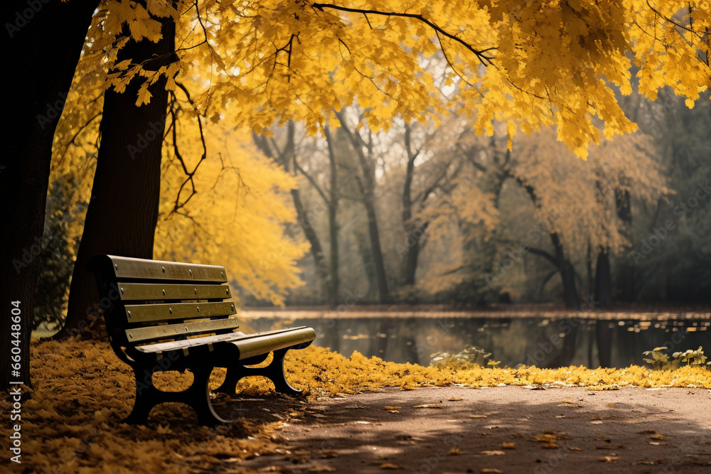 illustration of bench in autumn park. Created with Generative AI