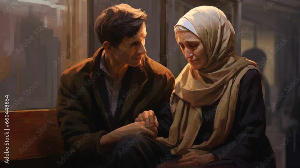 a scene showing the importance of mental health support for refugee elders. 