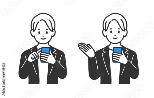 スマホを見る･案内のポーズをするビジネスパーソン男性のセット【人物ベクターイラスト素材】