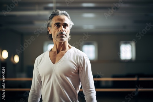 Photography in the style of pensive portraiture of a satisfied mature man practicing ballet in a studio. With generative AI technology photo