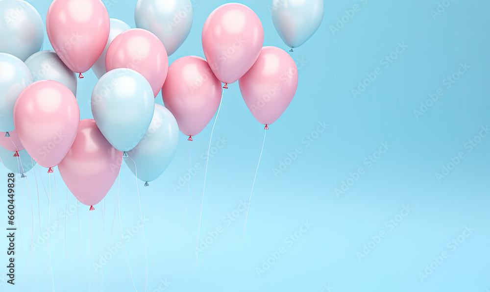 Joyful pink balloons on blue background.