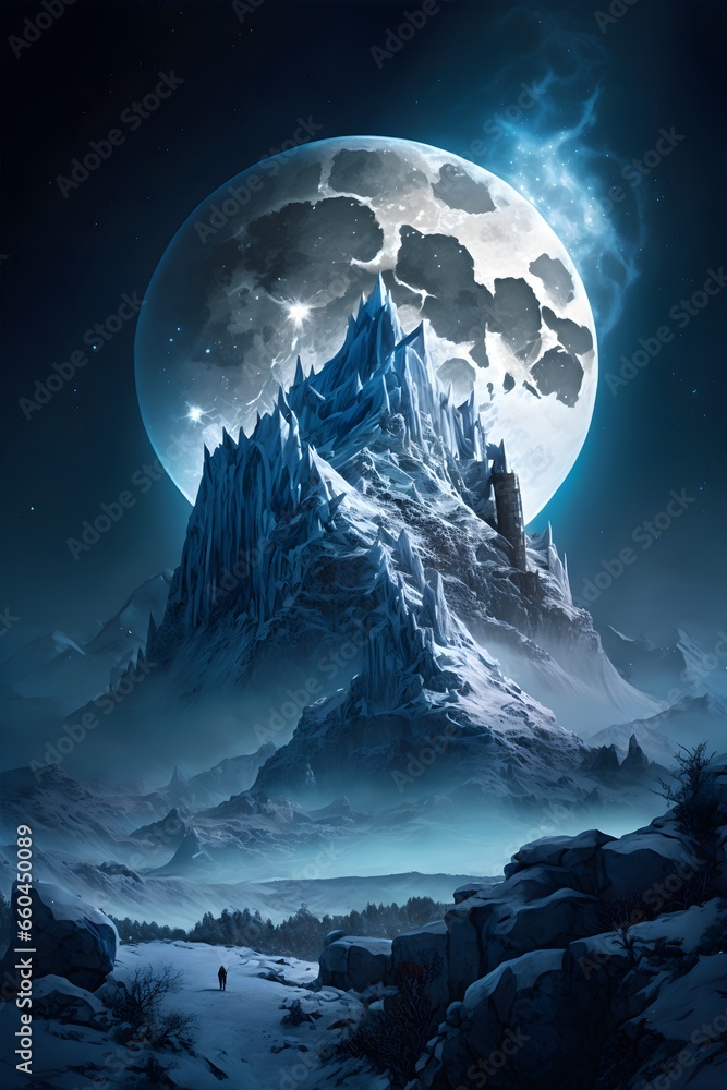 Mountain of sapphire and ice luminous full moon in background majestic citadel of the moon atop the mountain 