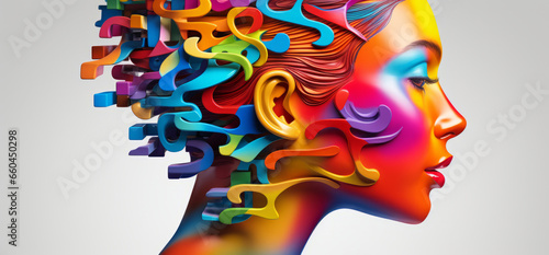 Mental health and creative abstract concept. Colorful illustration of happy womanlike head in paint splatter style.