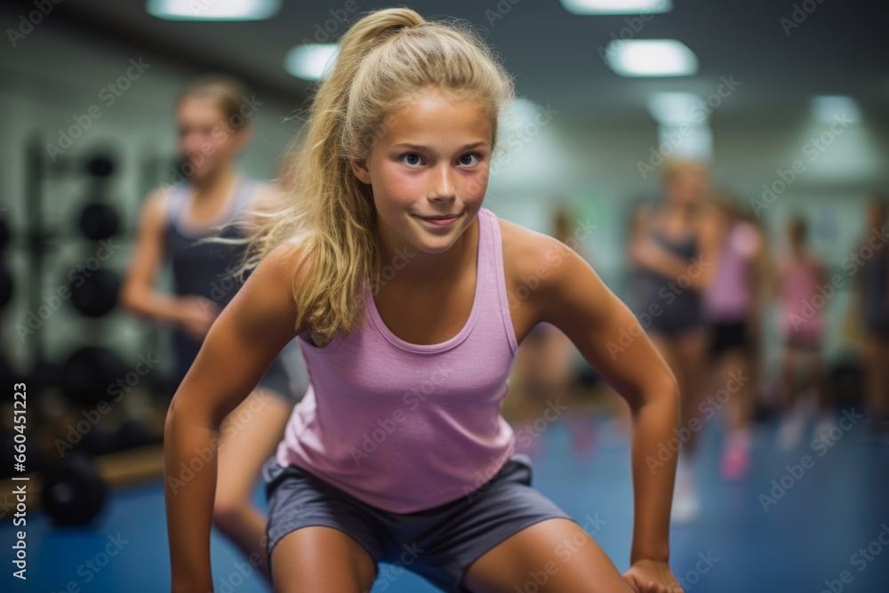 Environmental portrait photography of an active kid female doing body pump exercises in a gym. With generative AI technology Environmental portrait photography of an active kid female doing body pump exercises in a gym. With generative AI technology