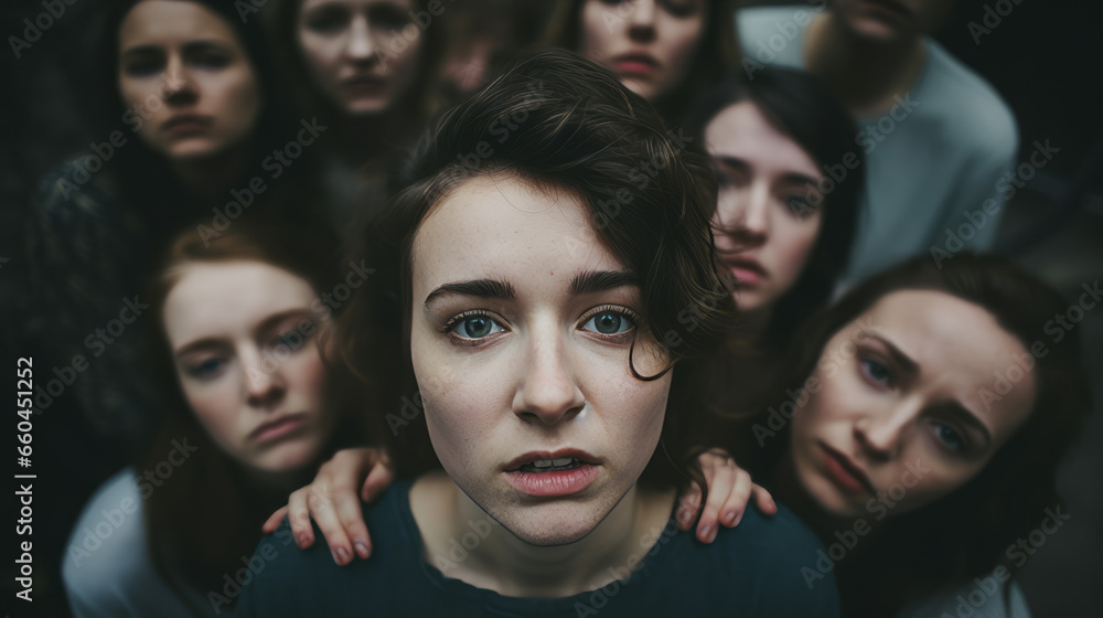 Depressed teenage girl or boy sitting alone surrounded by people. Victim of school bullying. Stress and mental problem in childhood. Depressed teenage girl or boy sitting alone surrounded by people. Victim of school bullying. Stress and mental problem in childhood.