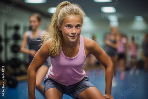 Environmental portrait photography of an active kid female doing body pump exercises in a gym. With generative AI technology