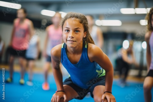 Environmental portrait photography of an active kid female doing body pump exercises in a gym. With generative AI technology