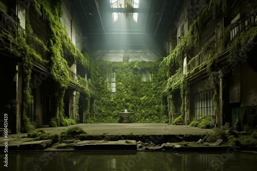 Deserted factory hall adorned with art and covered in moss. Generative AI