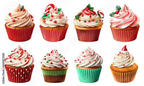 Set Cupcake christmas muffin Gingerbread with various#04 on transparent background cutout, PNG file. for product presentation. banner, poster, card, t shirt, sticker