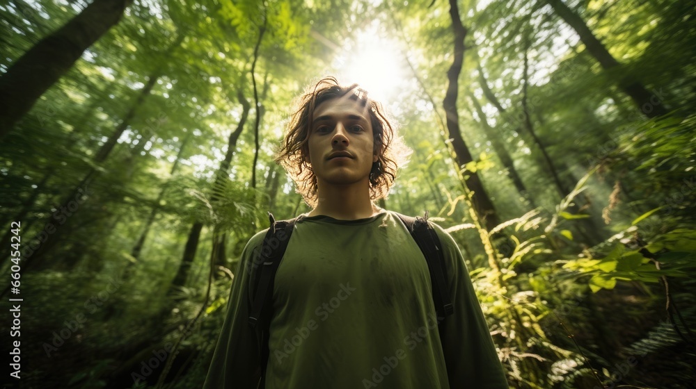 Naklejka premium Green Crusader: Reflective Selfie of Young Environmentalist in Lush Forest