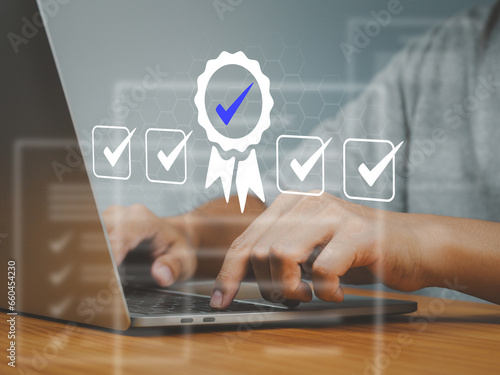 Obraz na płótnie ISO quality assurance standards, businessman show control quality way business s