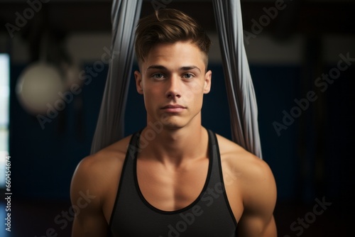 Close-up portrait photography of a relaxed boy in his 20s doing aerial yoga in a studio. With generative AI technology