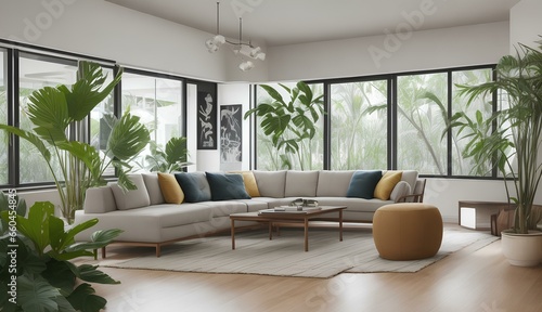 Modern interior of open space with design modular sofa  furniture  wooden coffee tables  plaid  pillows  Neutral living room