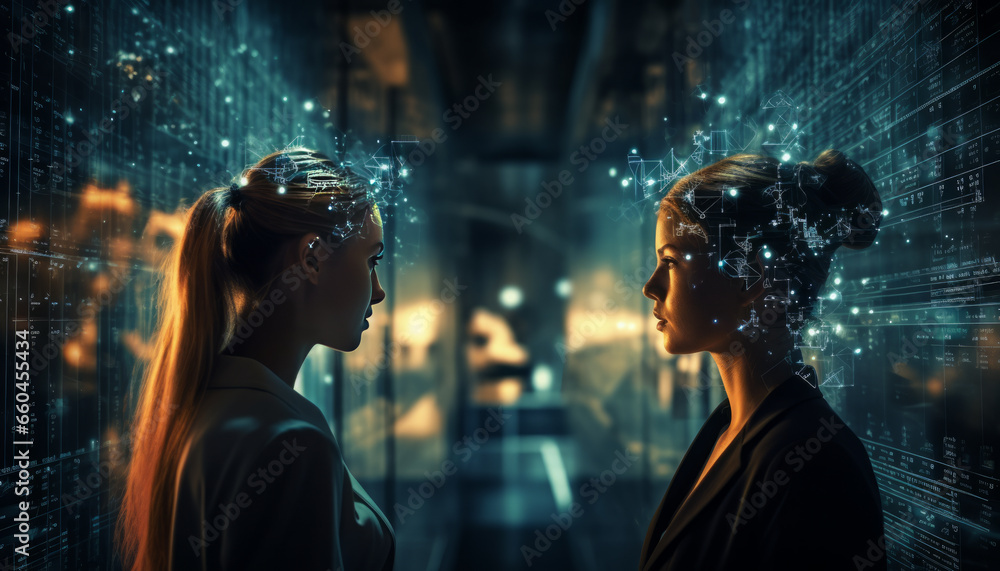 Two beautiful women looking each other and surrounded with big data wave. - obrazy, fototapety, plakaty 