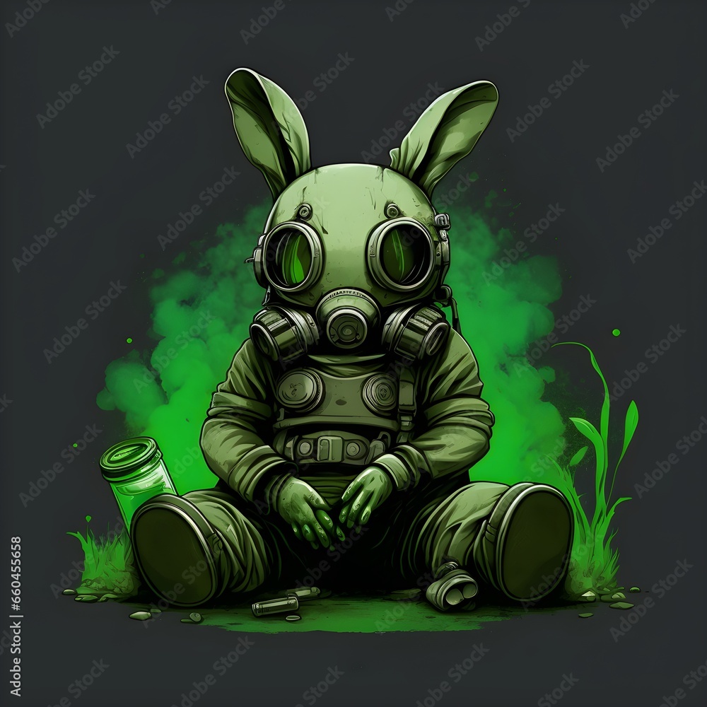 cute bunny sitting down with green gas mask green gas mask bunny