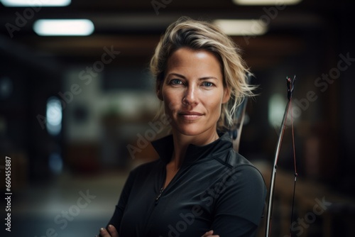 Three-quarter studio portrait photography of a concentrated mature woman practicing archery in a shooting range. With generative AI technology photo