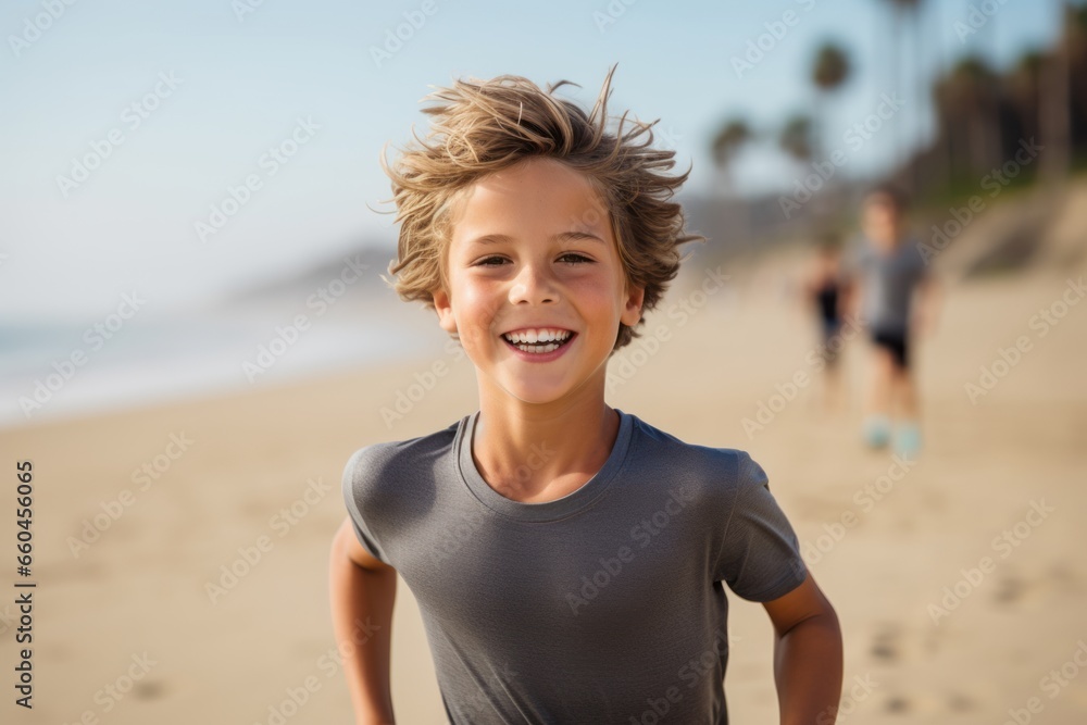 Headshot portrait photography of an active kid male jogging on the beach. With generative AI technology Headshot portrait photography of an active kid male jogging on the beach. With generative AI technology