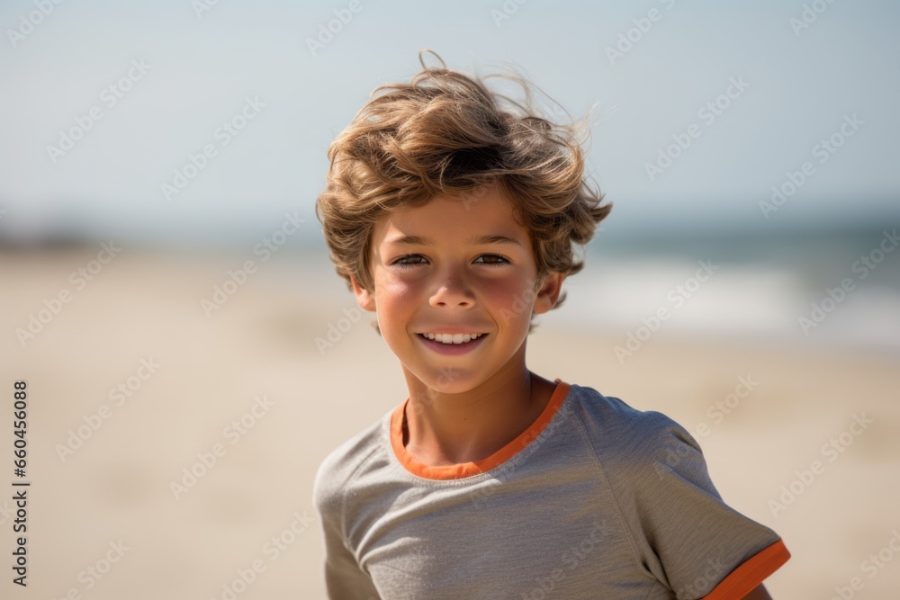 Headshot portrait photography of an active kid male jogging on the beach. With generative AI technology Headshot portrait photography of an active kid male jogging on the beach. With generative AI technology