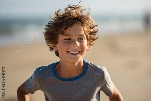 Headshot portrait photography of an active kid male jogging on the beach. With generative AI technology