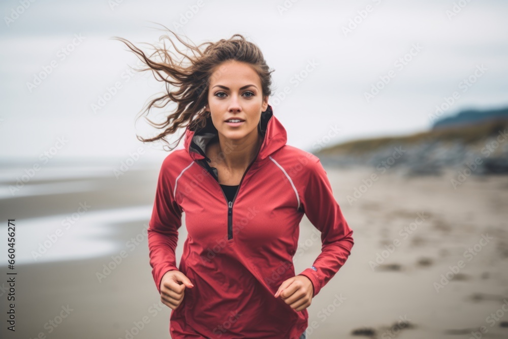 Sports portrait photography of a drained girl in her 20s jogging on the beach. With generative AI technology Sports portrait photography of a drained girl in her 20s jogging on the beach. With generative AI technology