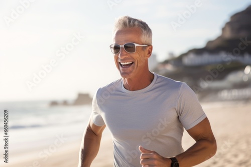Medium shot portrait photography of a relaxed mature man jogging on the beach. With generative AI technology
