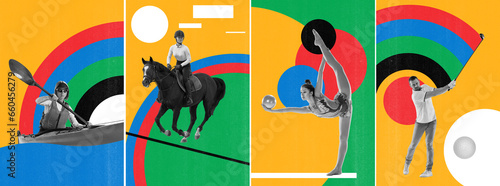 Canvas Print Set of different people doing different kind of sports over multicolored background