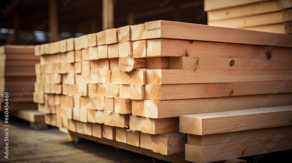 Stacked lumber in the warehouse of the production site against the background of a cantilever gantry crane. Stacked lumber in the warehouse of the production site against the background of a cantilever gantry crane.