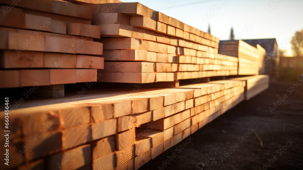 Stacked lumber in the warehouse of the production site against the background of a cantilever gantry crane. Stacked lumber in the warehouse of the production site against the background of a cantilever gantry crane.