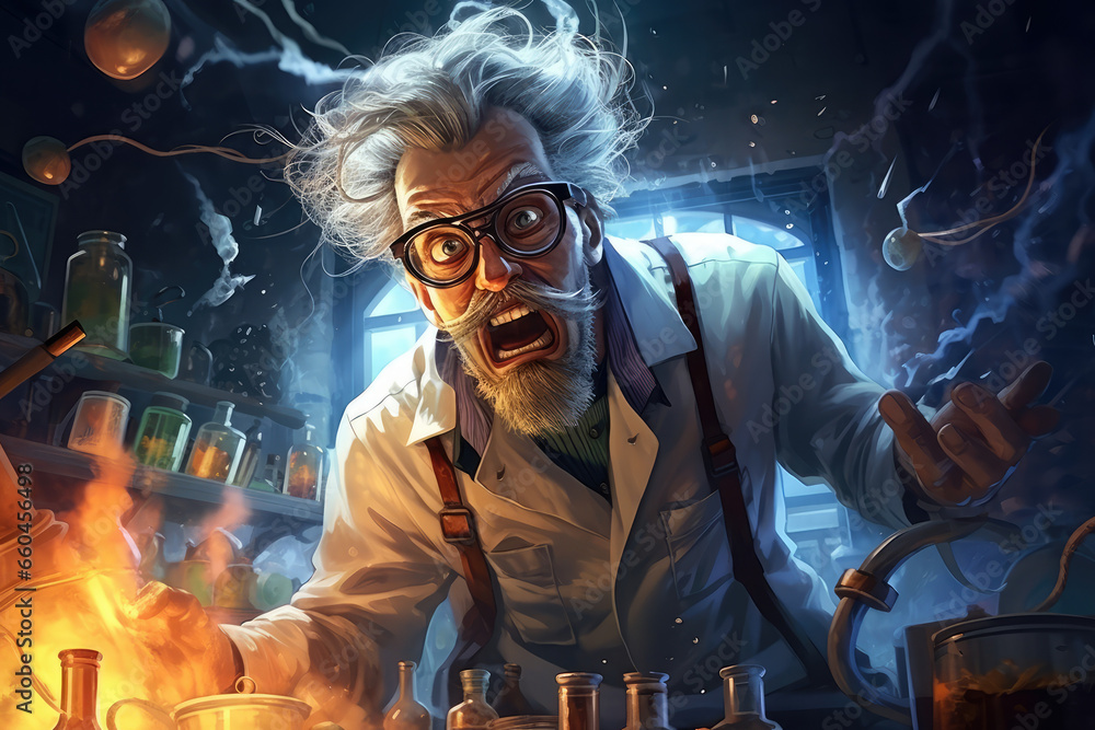 Mad scientist or crazy professor character in science lab - obrazy, fototapety, plakaty 