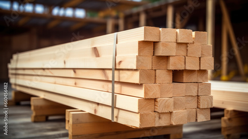Stacked lumber in the warehouse of the production site against the background of a cantilever gantry crane. photo