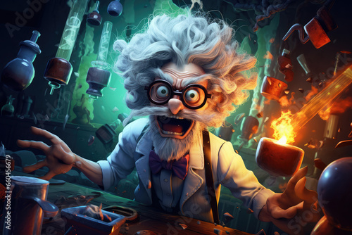 Mad scientist or crazy professor character in science lab