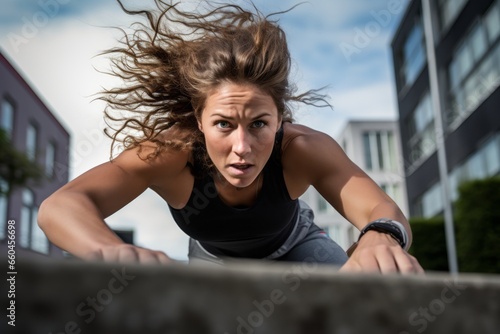 Sports portrait photography of an active mature woman doing parkour in the city. With generative AI technology