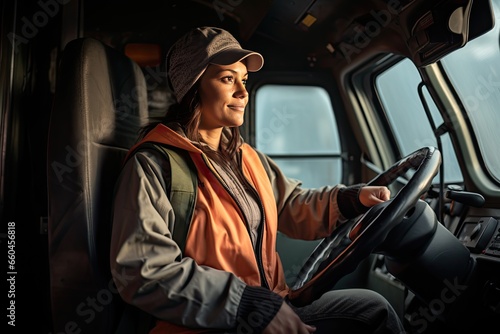 Serious Caucasian female truck driver sits behind the wheel of her truck.