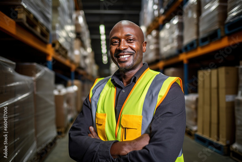 warehouse worker posing at work while smiling at the camera photo
