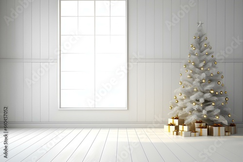 Empty White Room Decorate With White Christmas Tree 3d Render,there Are White Wood Plank Wall and Floor ,sunlight Shining Into the Room. © DavidGalih | Dikomo.
