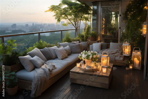 Minimalist Outdoor Space. A patio or balcony adorned with minimal furniture, potted plants, and soft lighting, offering a tranquil retreat in the midst of the city