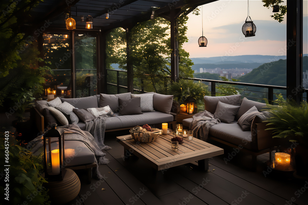 Fototapeta premium Minimalist Outdoor Space. A patio or balcony adorned with minimal furniture, potted plants, and soft lighting, offering a tranquil retreat in the midst of the city