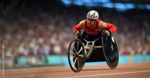 young male athlete with disabilities on a wheelchair participates in the Olympic Games at the stadium banner